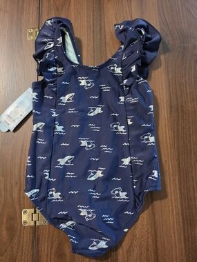 Cat & Jack Navy One-Piece Swimsuit with Shark Print and Ruffle Straps